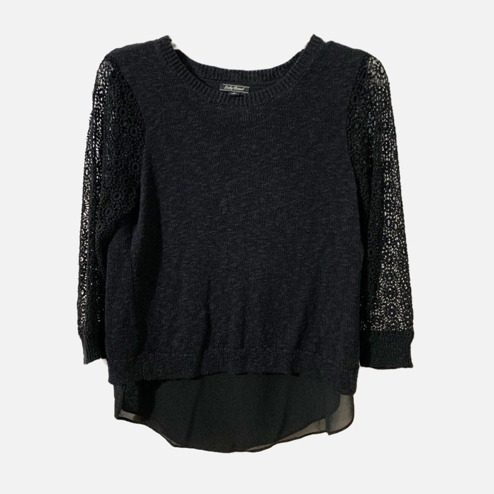 Lucky Brand Pullover Open Back with Sheer Under Lay Lace Sleeved Sweater Black